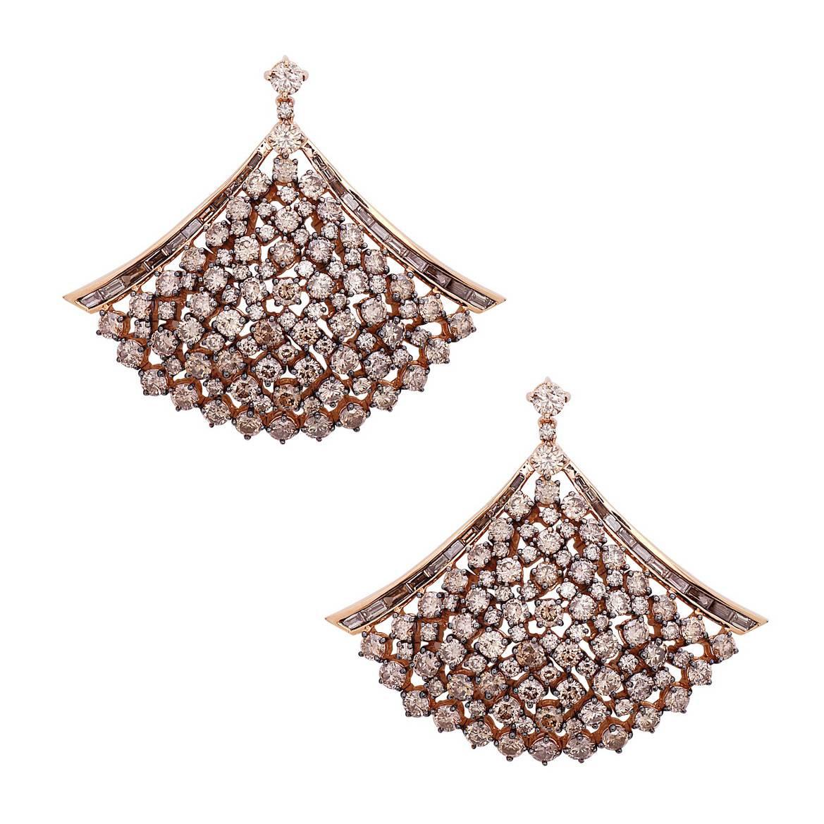 Unique Champagne Color Diamond Gold Chandelier Earrings