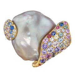Naomi Sarna Pearl Sapphire Diamond Gold Brooch 1