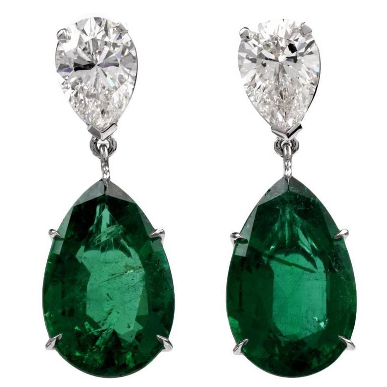 Gia Certified 17 31 Carat Emerald Diamond Platinum Dangle Earrings Gia Certified 17 31 Carat Emerald Diamond Platinum Dangle Earrings For