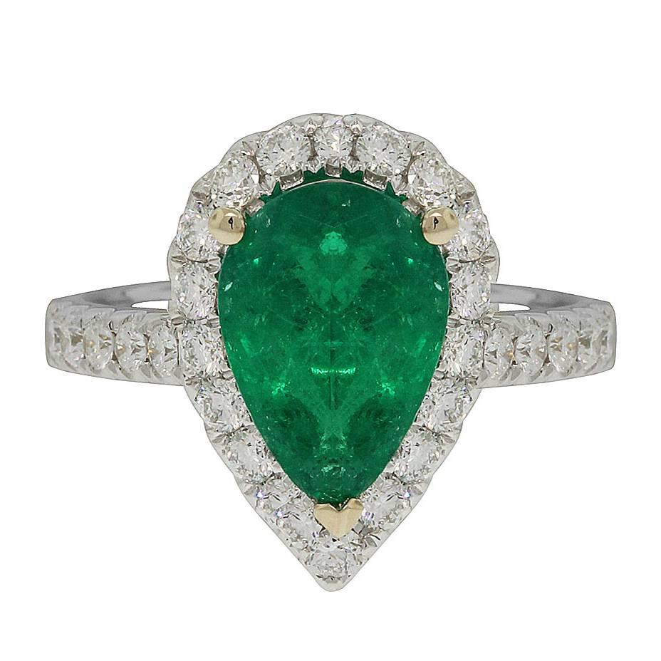 2.07 Carat Pear Shape Emerald Diamond gold Halo Engagement Ring
