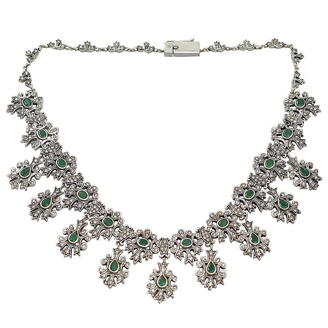 1950s 5.25 Carat Emerald and 5.47 Carat Diamond Silver Set Necklace