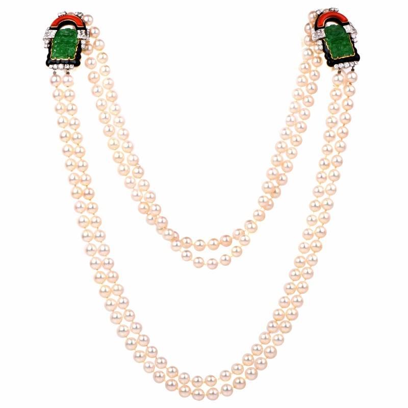 Jade Coral Pearl Diamond Double Strand Necklace