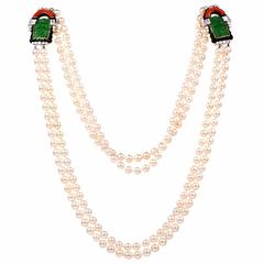 Retro Jade Coral Pearl Diamond Double Strand Necklace