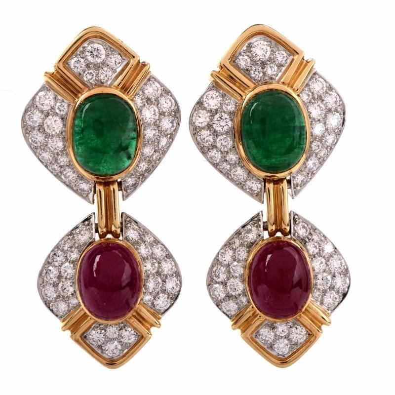 1980s Verdura Ruby Emerald Diamond Gold Clip-On Earrings