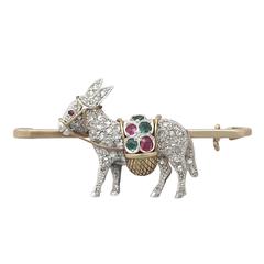 Diamond, Emerald, and Ruby, 9k Yellow Gold, Platinum Donkey Brooch - Vintage