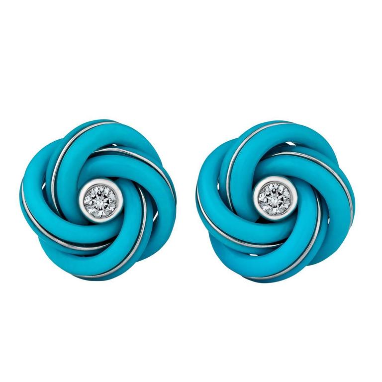 Turquoise Diamond Gold Knot Cufflinks For Sale