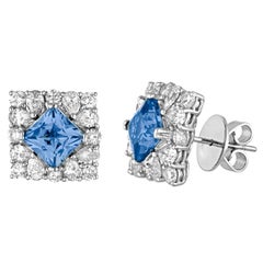 Clous d'oreilles carrés en or avec topaze bleue de 3,62 carats et diamants