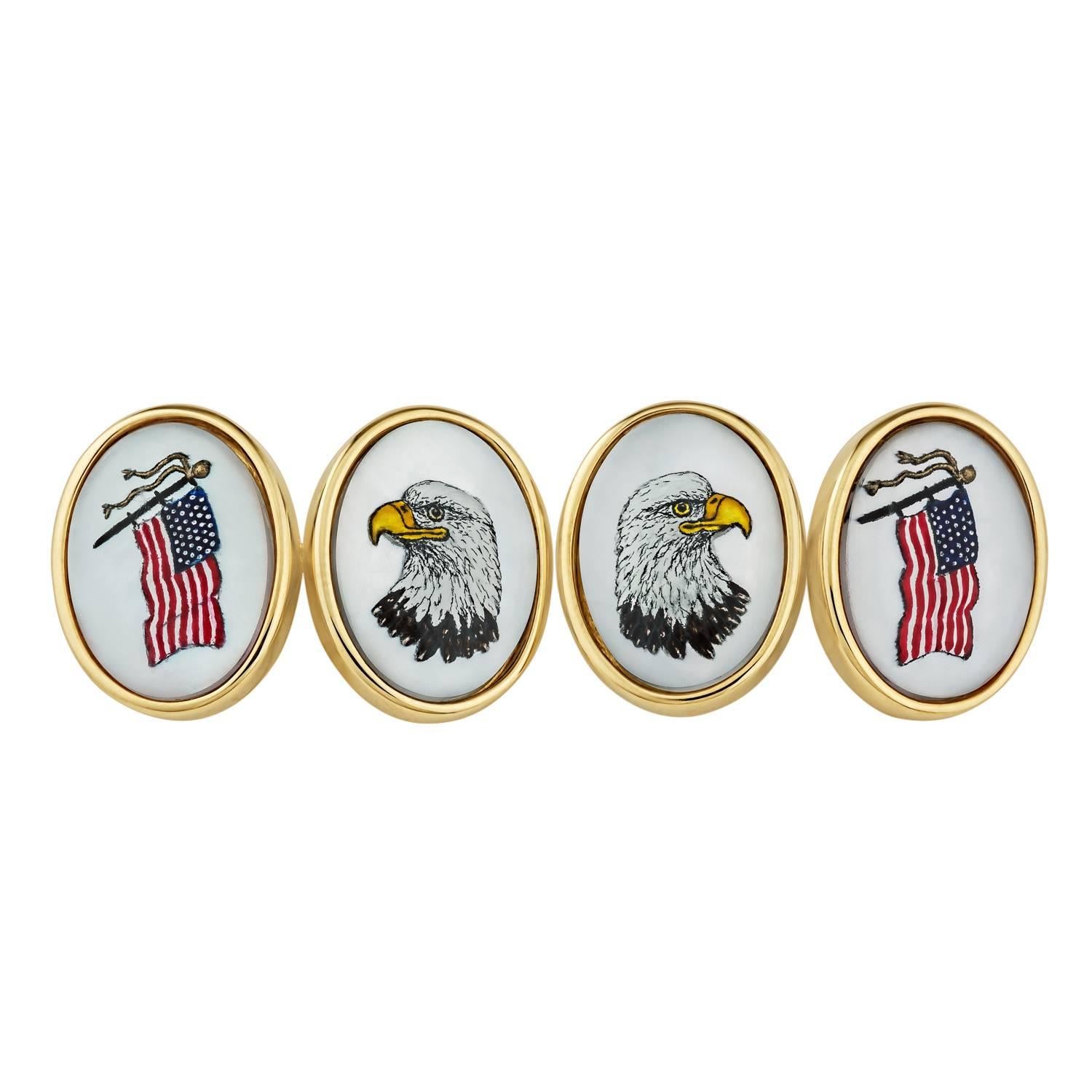 Mother-of-Pearl Gold American Flag and Bald Eagle Cufflinks