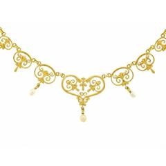Etruscan Revival Gold and Pearl Necklace