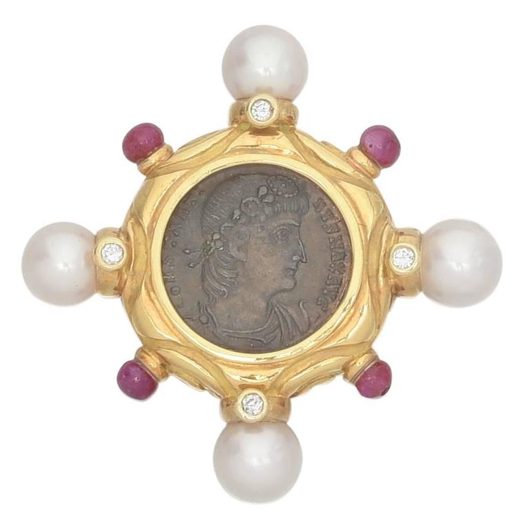 GemSet Gold Roman Coin Pin at 1stDibs