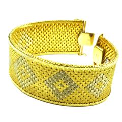 1960s High Quality 2 Tone Italian Woven Diamond Shape Design Wide Gold Bracelet