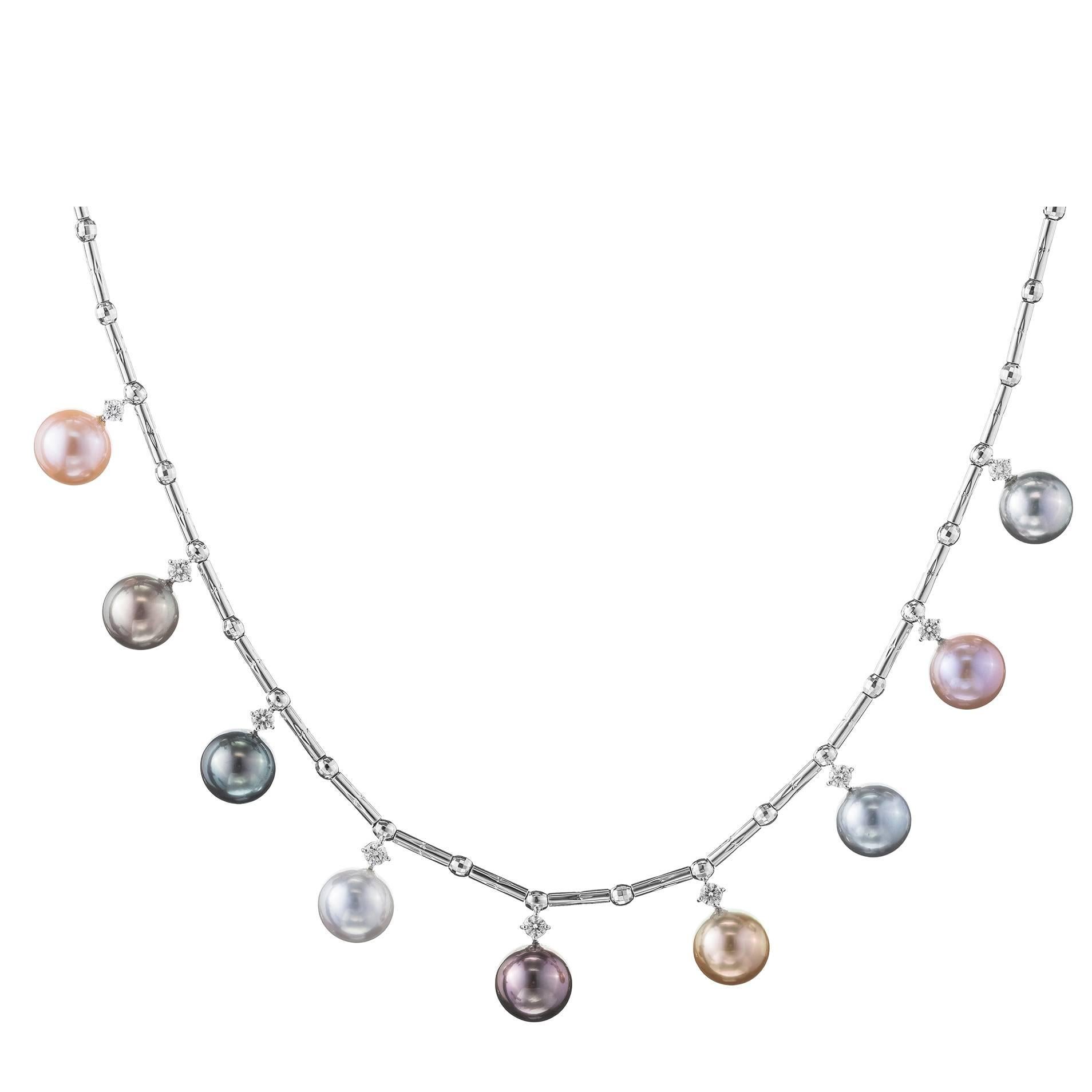 Modern and Colourful 9-Pearl Diamond Gold Drop Necklace For Sale