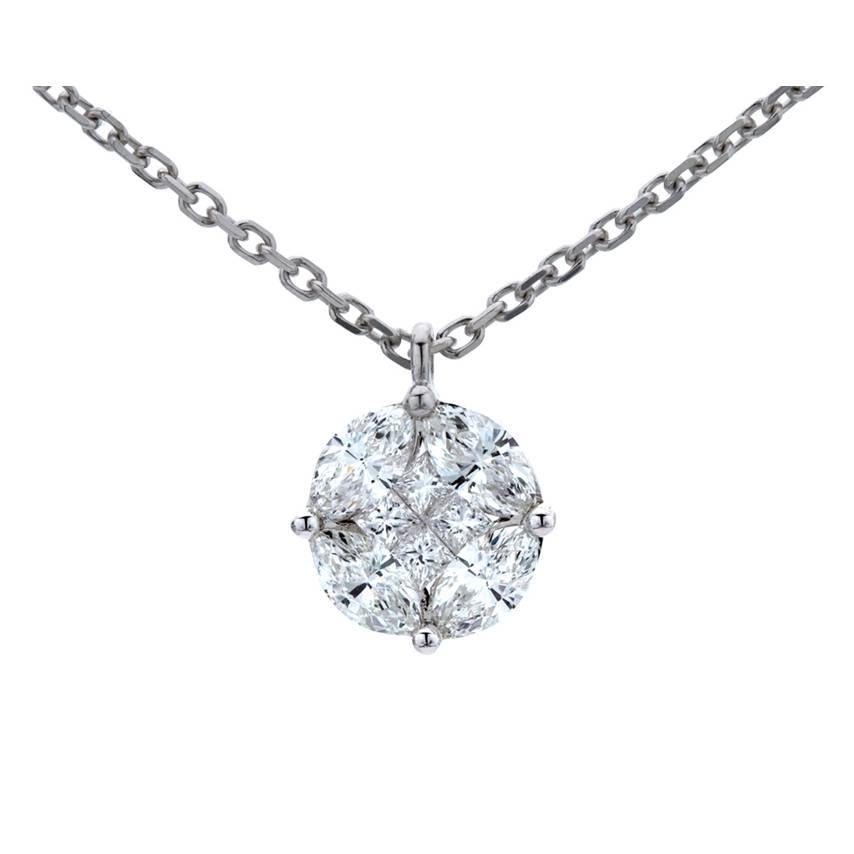 Marquise and Princess Cut Diamond Illusion Solitaire Pendant in White Gold For Sale