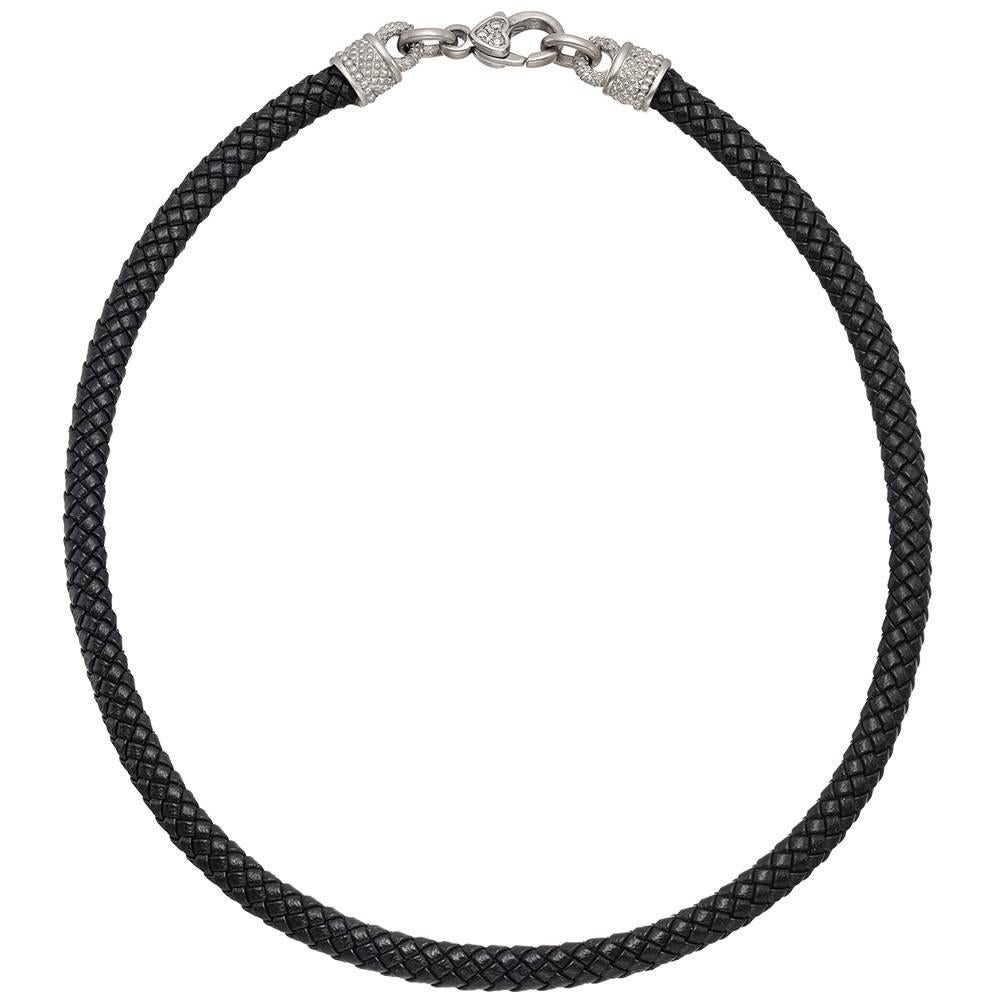 Judith Ripka Black Leather Cord Necklace with White Gold Diamond Clasp For Sale