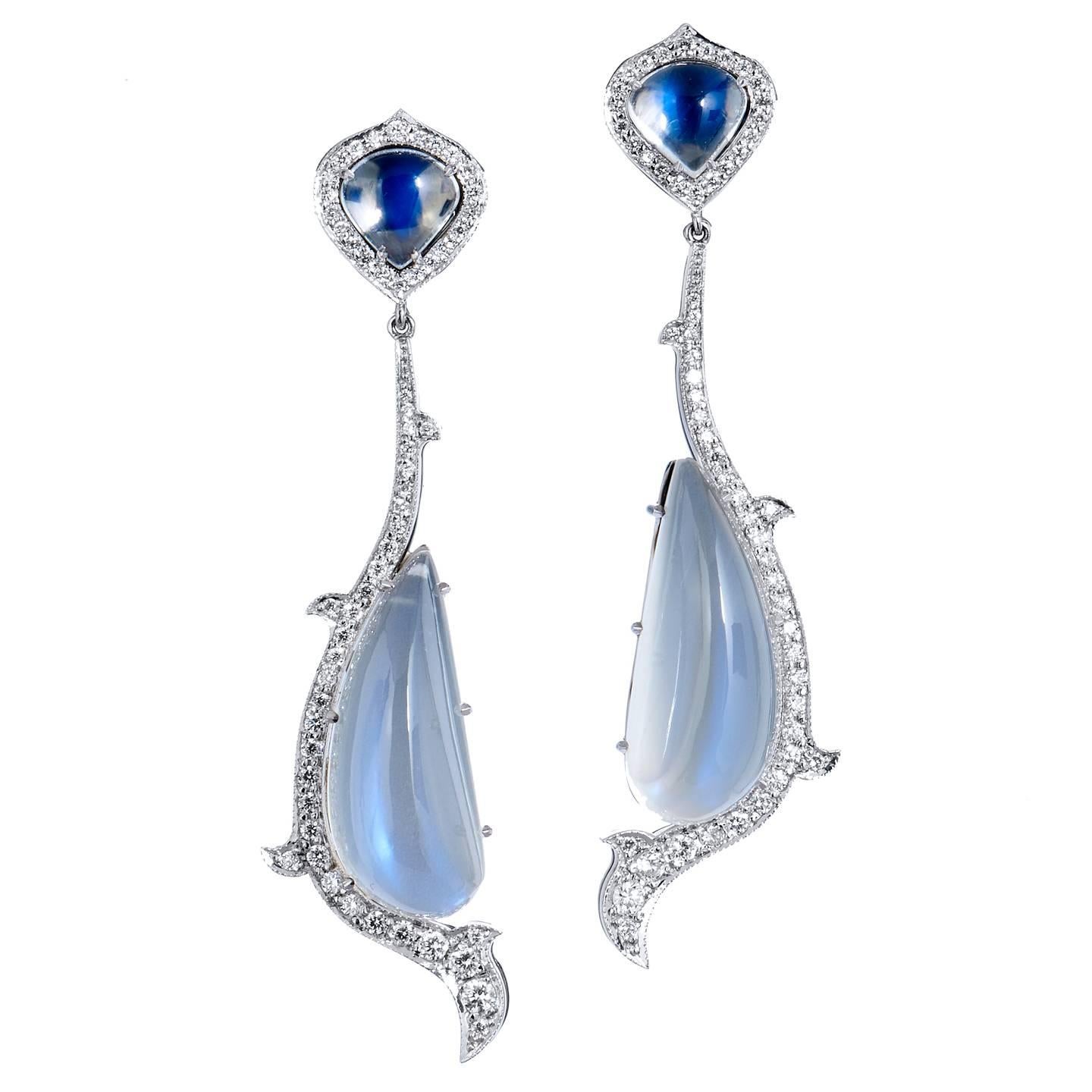 29.24 Carat Crescent Shaped Milky Moonstone and Diamond Drop Earrings Handmade For Sale