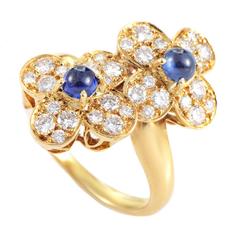 Van Cleef & Arpels 18K Yellow Gold Diamond and Sapphire Flowers Ring