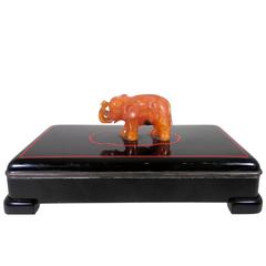 1950s Cartier Lacquer Box with Carved Carnelian Elephant