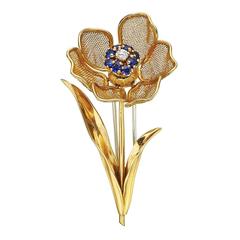 Cartier Gold Sapphire Diamond Flower Brooch