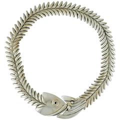1980 Substantial Taxco Sterling Silver Fish Motif Necklace 
