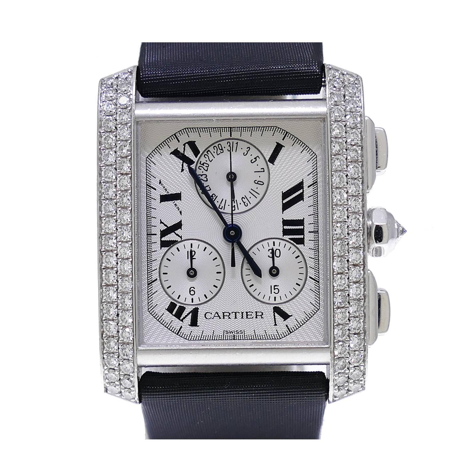 Cartier white gold Tank Francaise Chronograph Factory Diamond Bezel Wristwatch