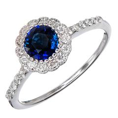 Royal Blue Sapphire Halo Diamond Gold Engagement Ring 9