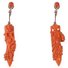 Pair of Archaeological Style Coral Gold Drop Earrings 
