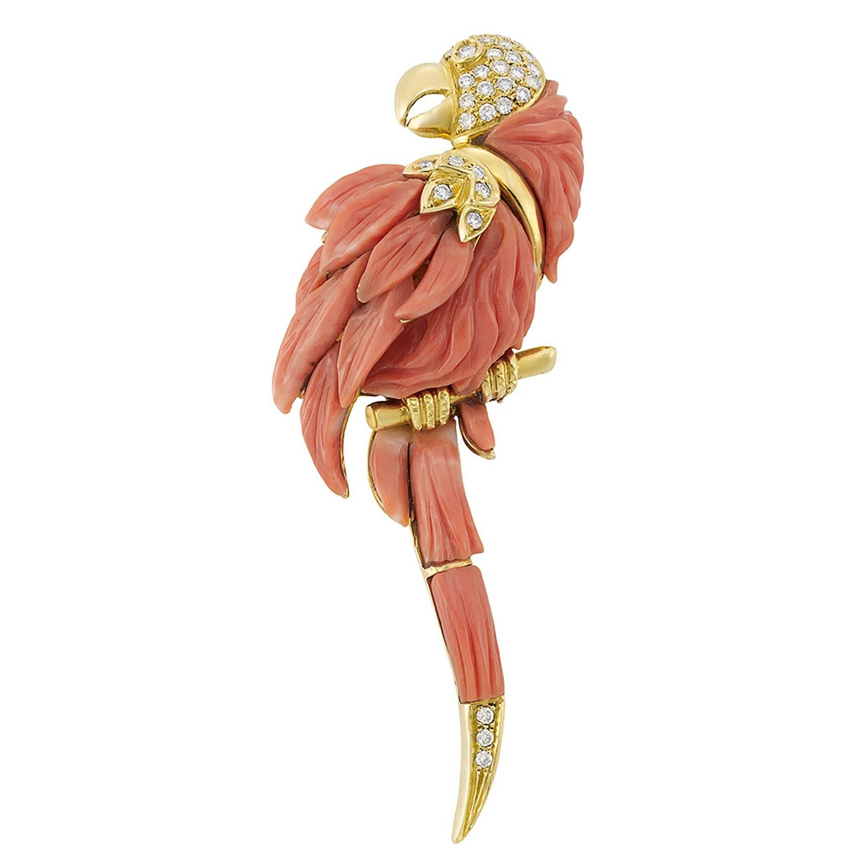 Carved Coral Diamond Gold Bird Brooch For Sale
