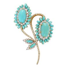 David Webb Turquoise Diamond Gold Flower Brooch