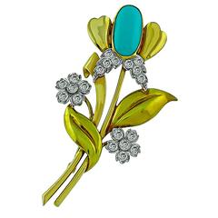 Tiffany & Co. Turquoise Diamond Gold Platinum Flower Pin Brooch