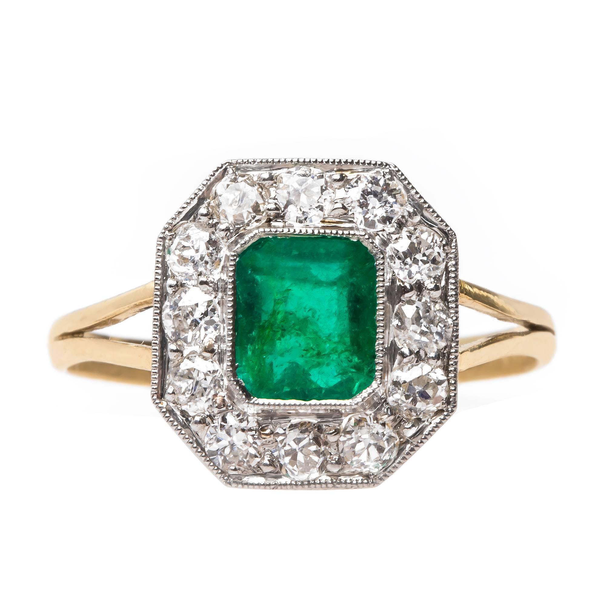 Decadent Art Deco Colombian Emerald Diamond Gold Engagement Ring