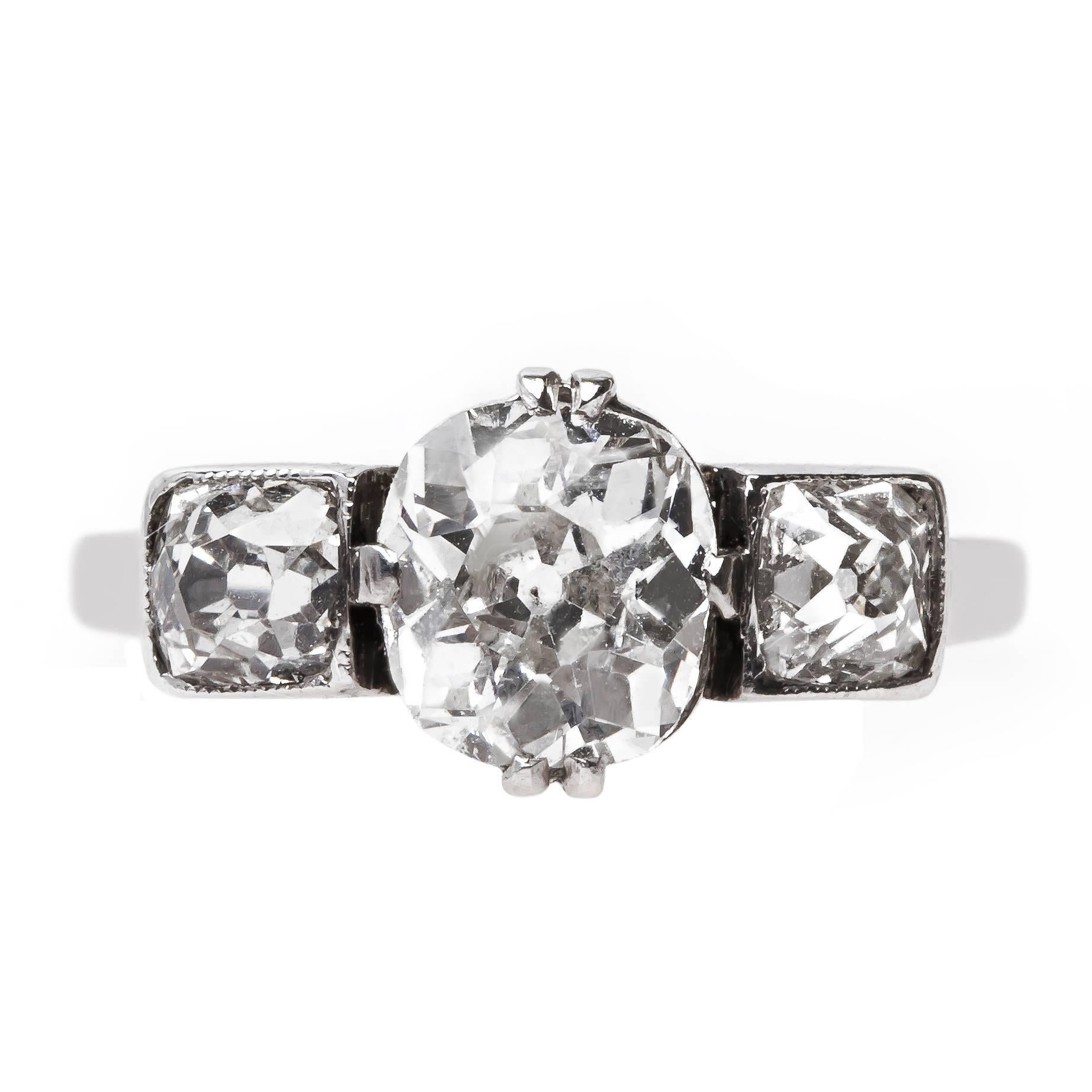Classic Edwardian Old Mine Cut Diamond Platinum Three Stone Engagement Ring  For Sale