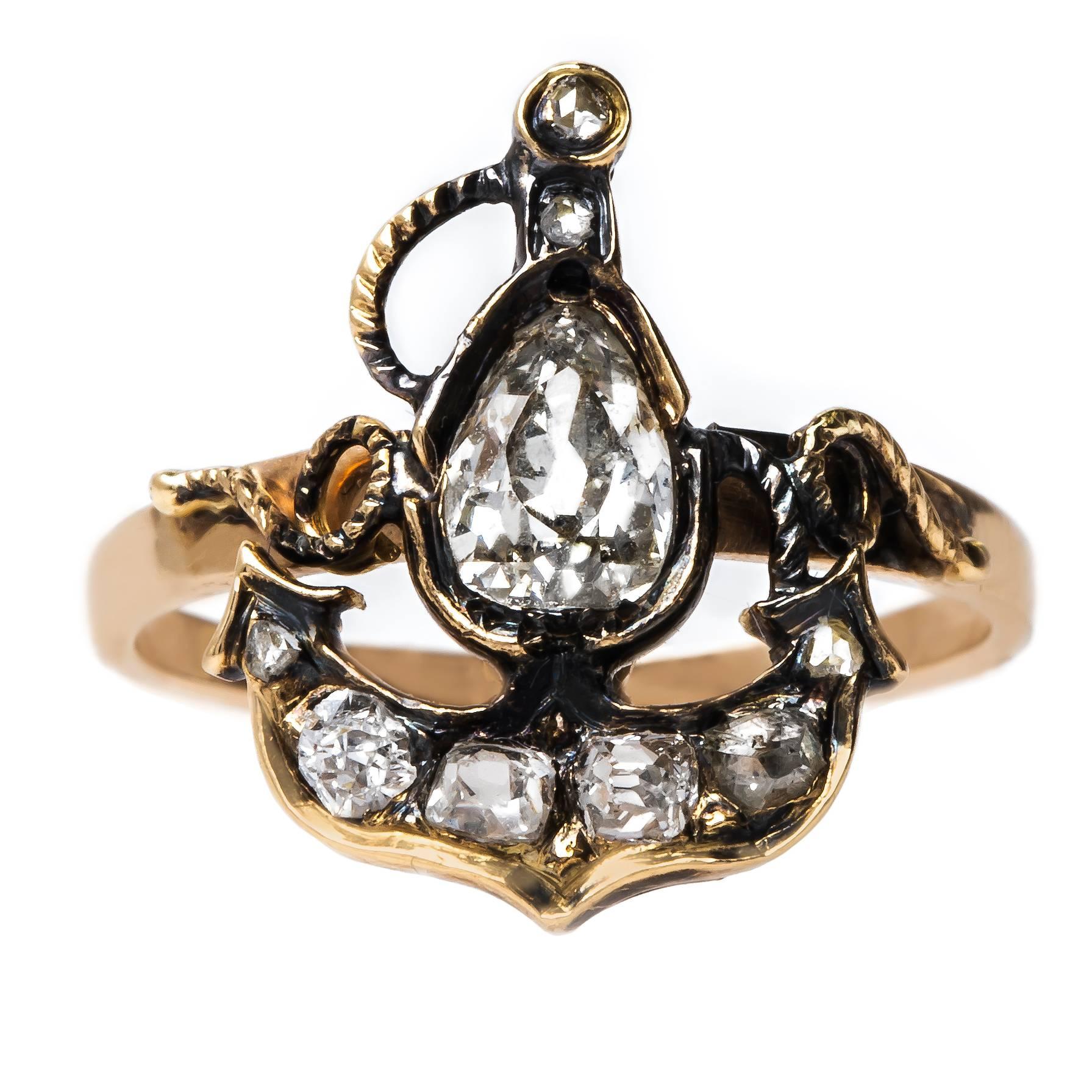Victorian Era Anchor Ring with Rose Cut and Old Mine Cut Diamonds  For Sale