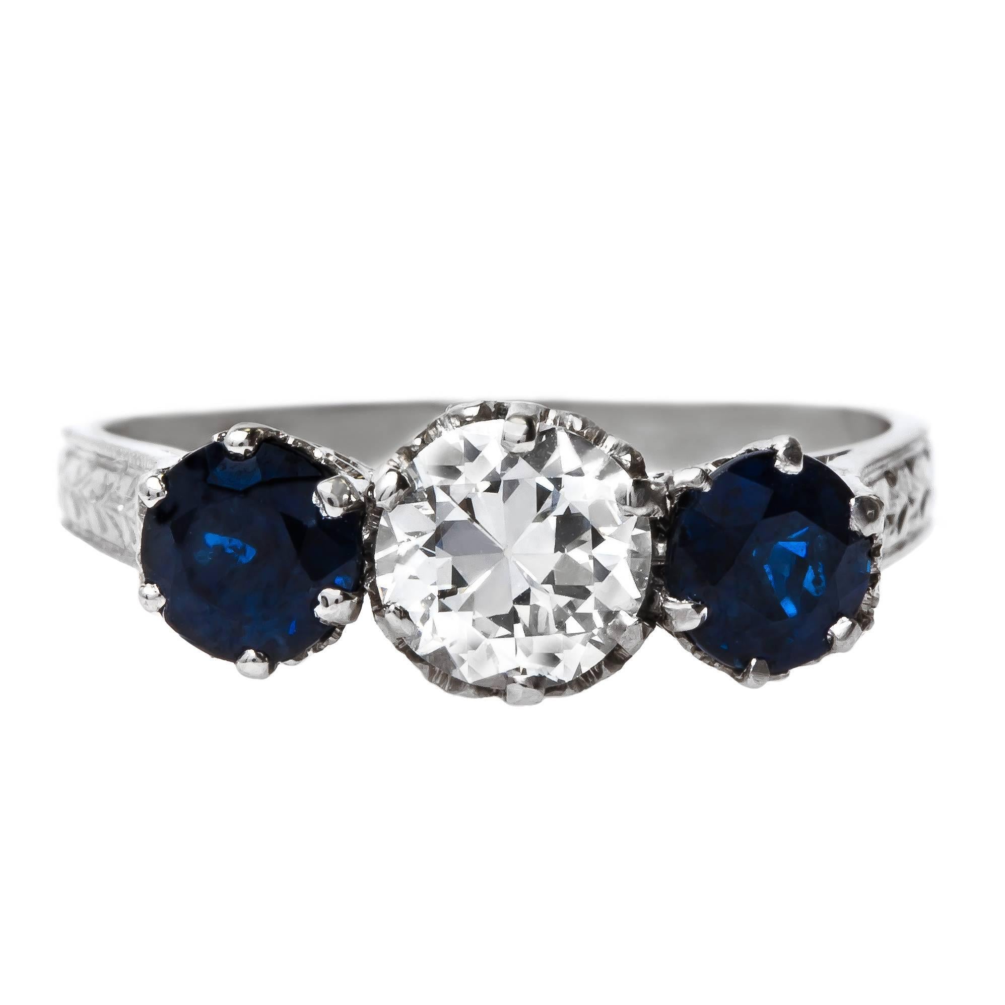 Diamond Sapphire Platinum Three-Stone Engagement Ring  For Sale