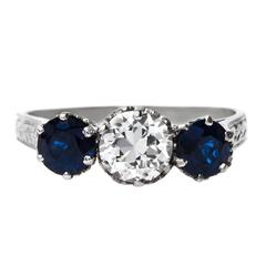 Retro Diamond Sapphire Platinum Three-Stone Engagement Ring 