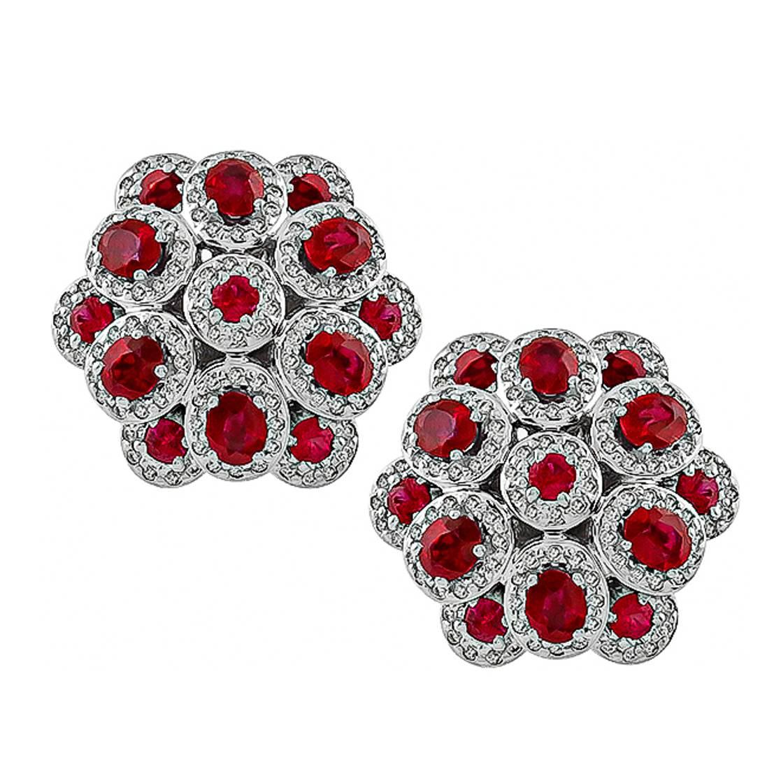 Magnificent Ruby Diamond Gold Cluster Earrings For Sale