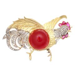 Vintage Carnelian Diamond Ruby Gold Rooster Brooch