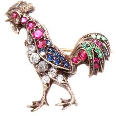 Belle Epoque French Ruby Emerald Sapphire Diamond Silver Gold Rooster Brooch