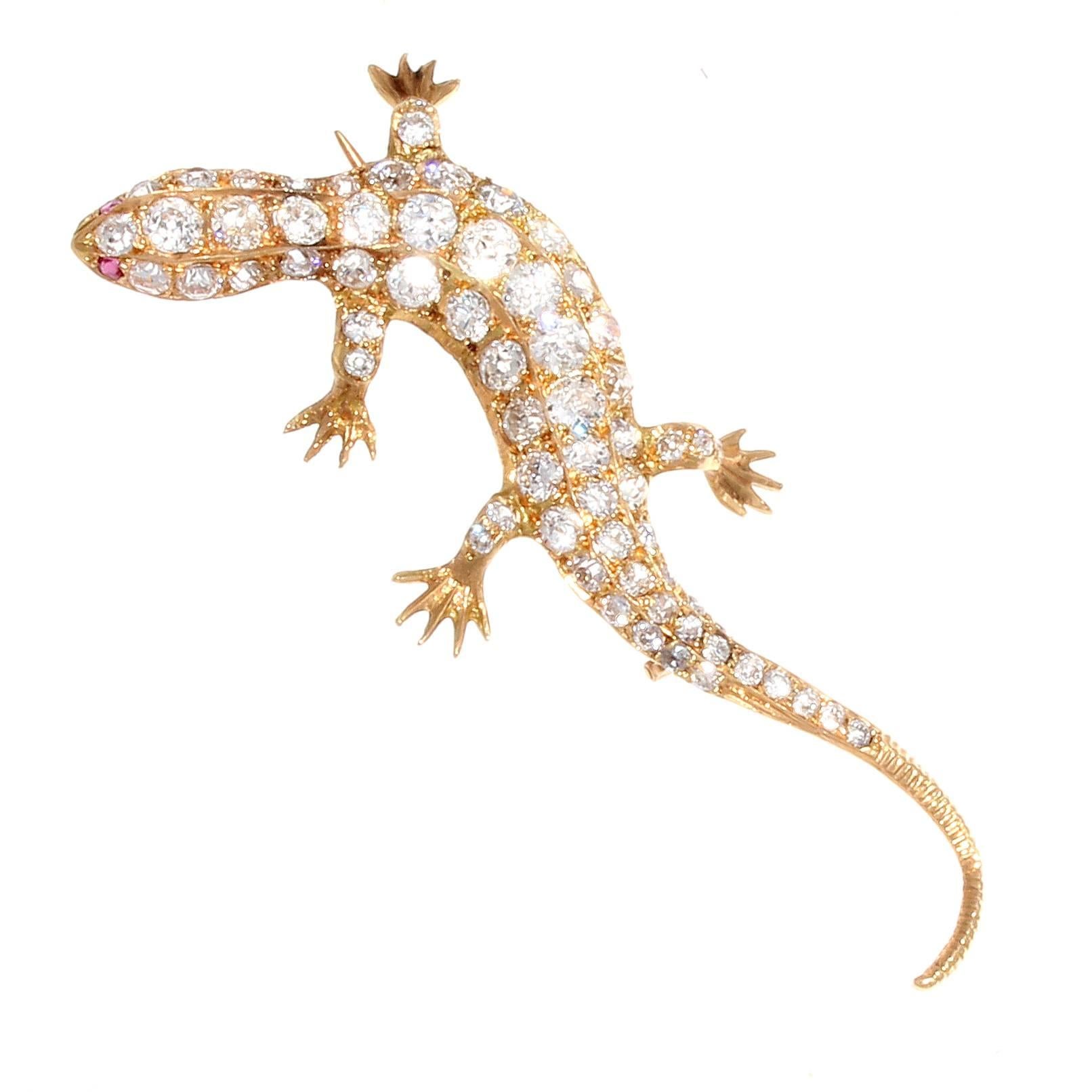 French Salamandre Diamond Ruby Gold Brooch