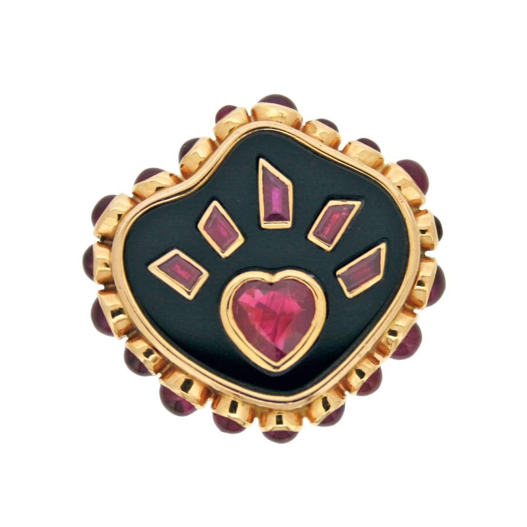 Onyx Ruby Gold Flaming Heart Ring For Sale