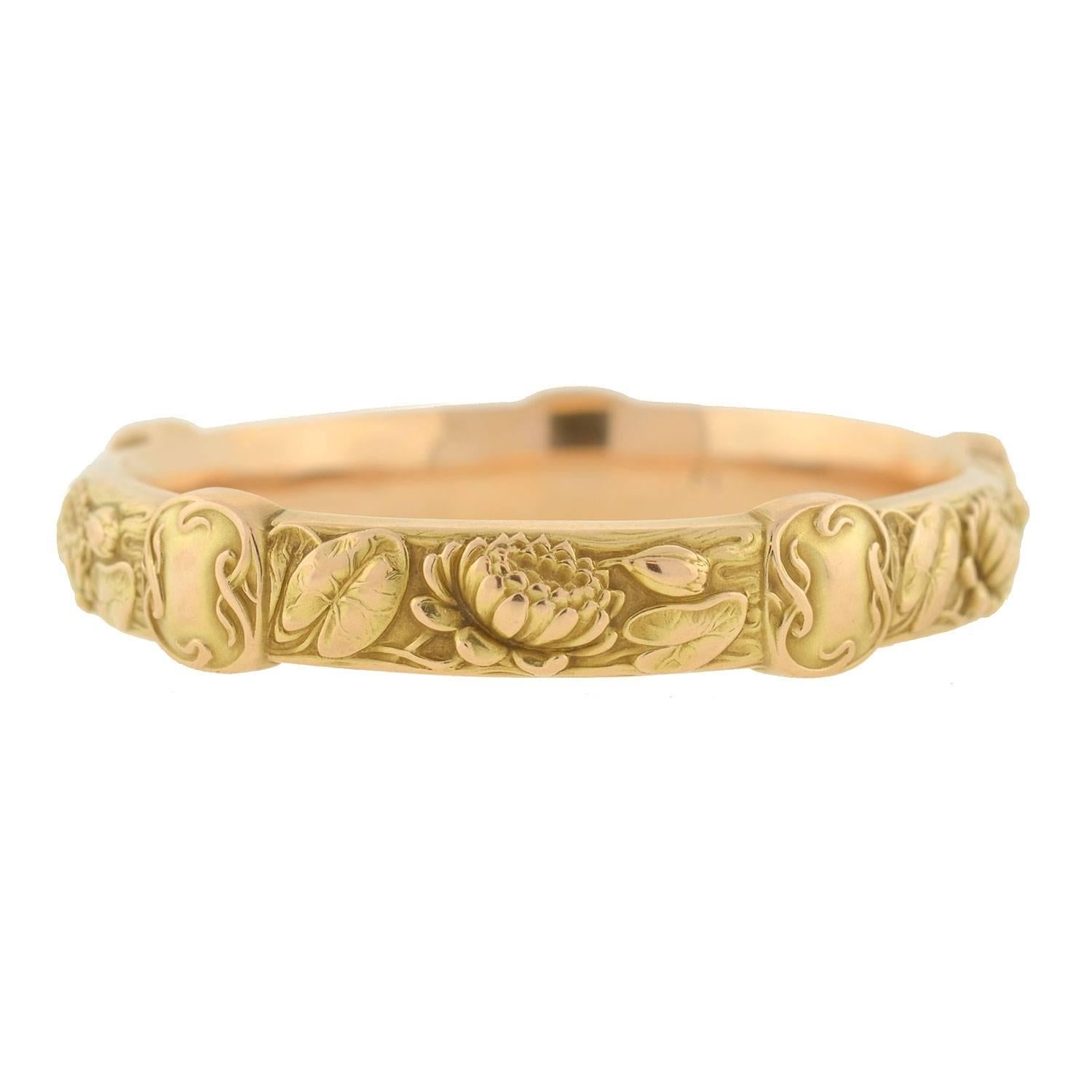Riker Brothers Art Nouveau Gold Repousse Lily Pad Flower Bracelet