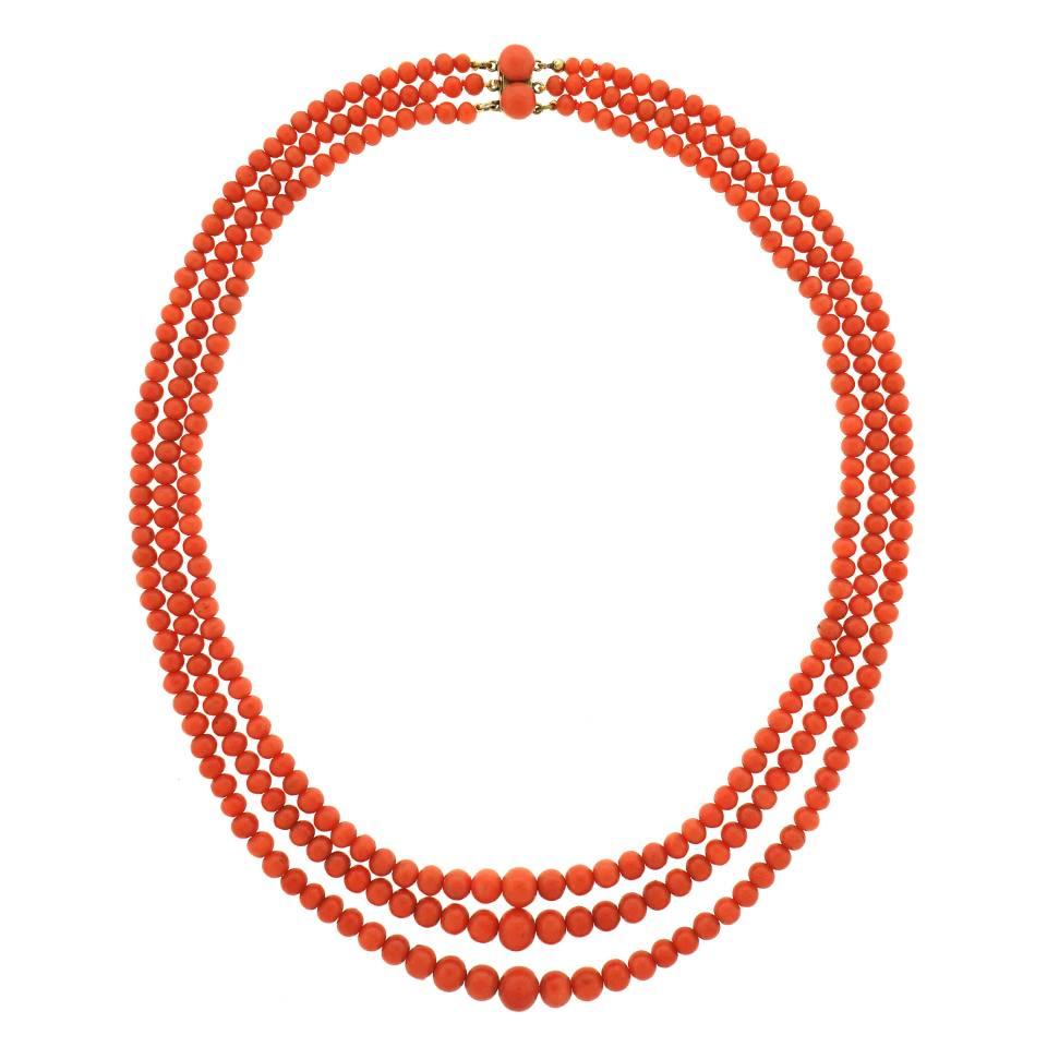 Antique Three-Strand Natural Coral Necklace