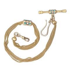 0.52Ct Diamond & Turquoise, 18k Yellow Gold Lorgnette/Watch Chain - Antique