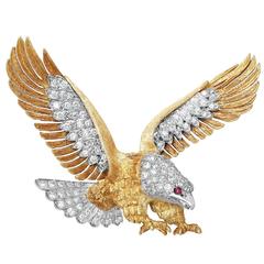 McTeigue Ruby Diamond Gold Platinum Carved Eagle Pin