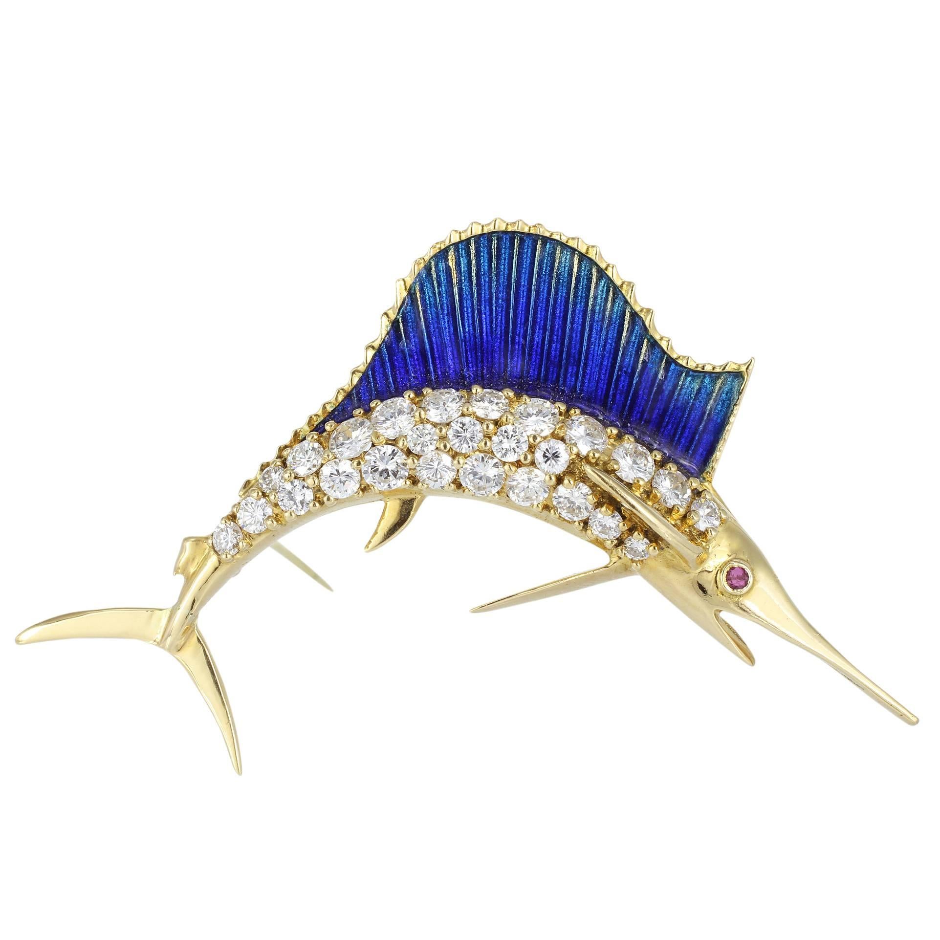 Diamond Enamel Swordfish Pin For Sale