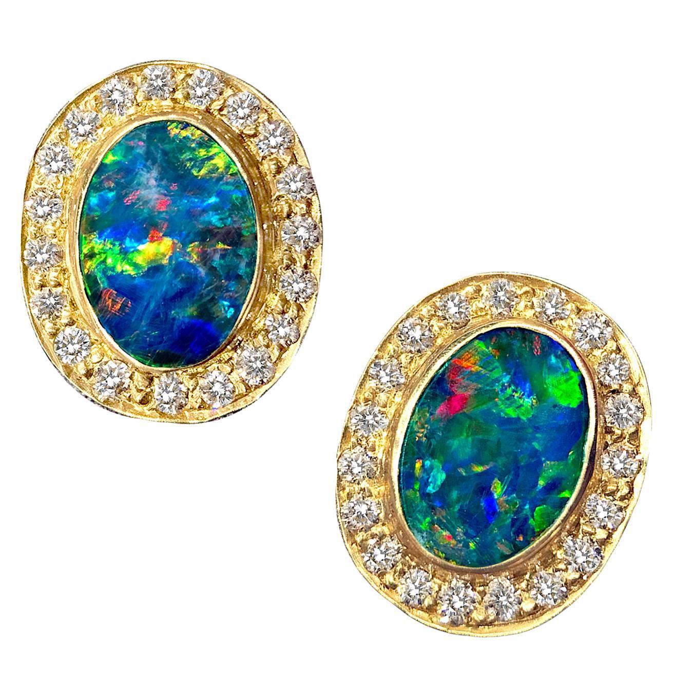 Handmade Fiery Boulder Opal Diamond Halo Gold Stud Earrings at 1stdibs