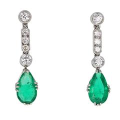Art Deco Colombian Emerald Diamond Platinum Drop Earrings 4