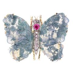 Antique Moss Agate Ruby Rose Cut Diamond Butterfly Brooch 7