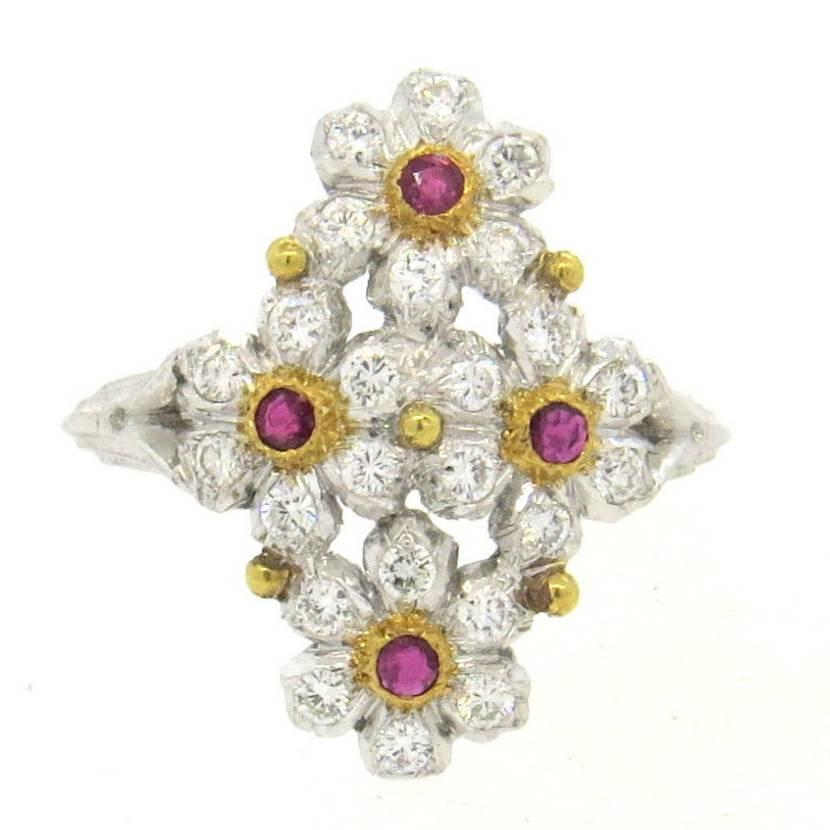 Buccellati Diamond Ruby Gold Flower Ring