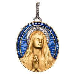 Art Nouveau Enamel Sapphire Diamond Gold Platinum Madonna Pendant