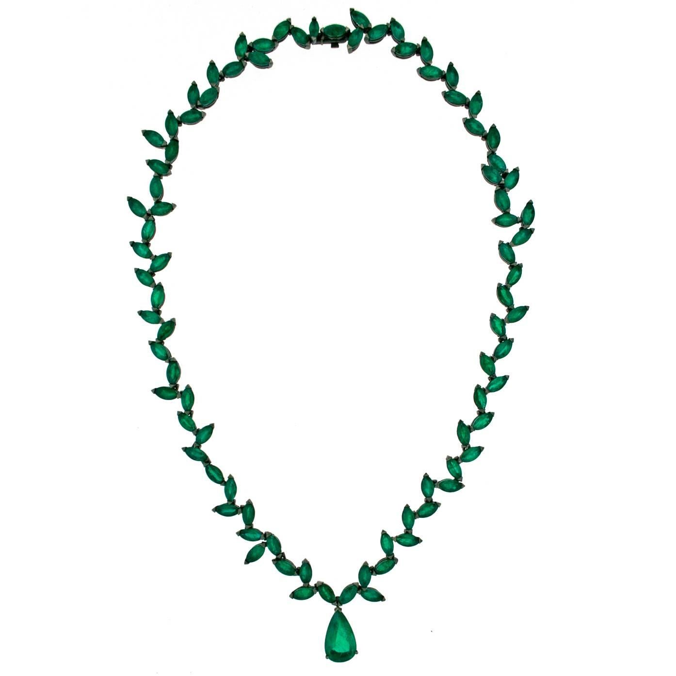 Marquise Emerald Rhodium Gold Old Fashioned Necklace For Sale
